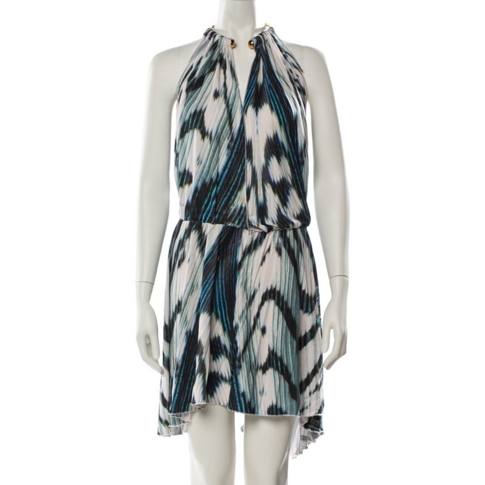 JUST CAVALLI rare printed mini dress with gold neck accent (size L)